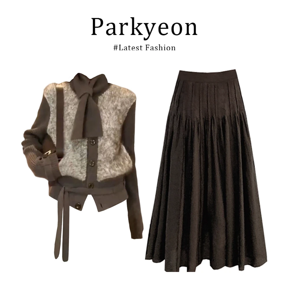 parkyeon秋冬撞色绒毛针织外套女搭高级半身裙秋冬潮流时尚套装