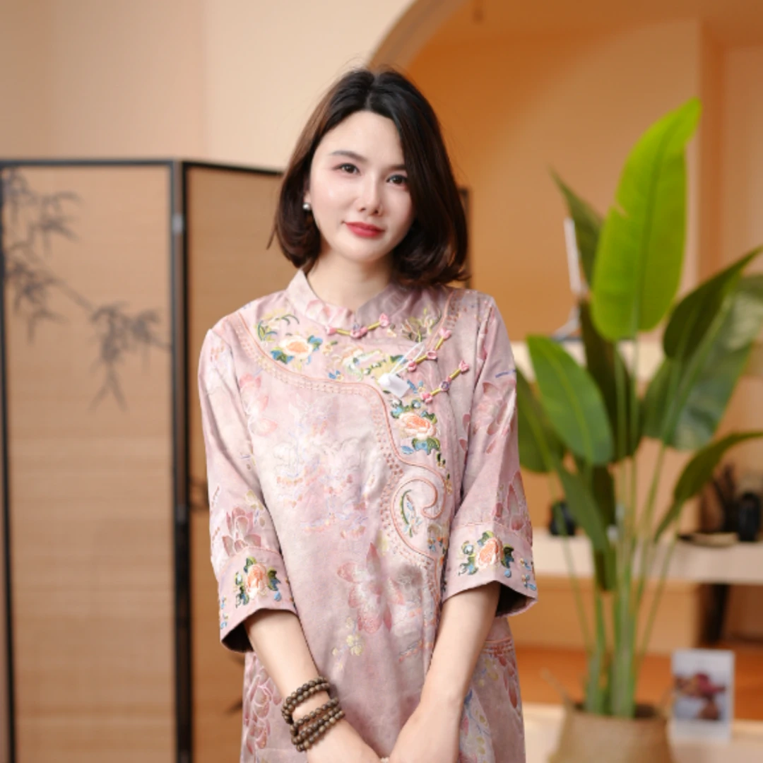 1002【青荷】新中式改良提花复古连衣裙夏季中长款中国风连衣裙