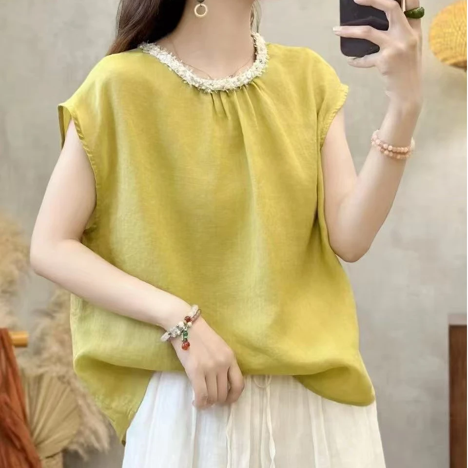 苎麻100%衬衫防晒不起球减龄清凉感飞飞袖无袖和纸纱夏季衣麦
