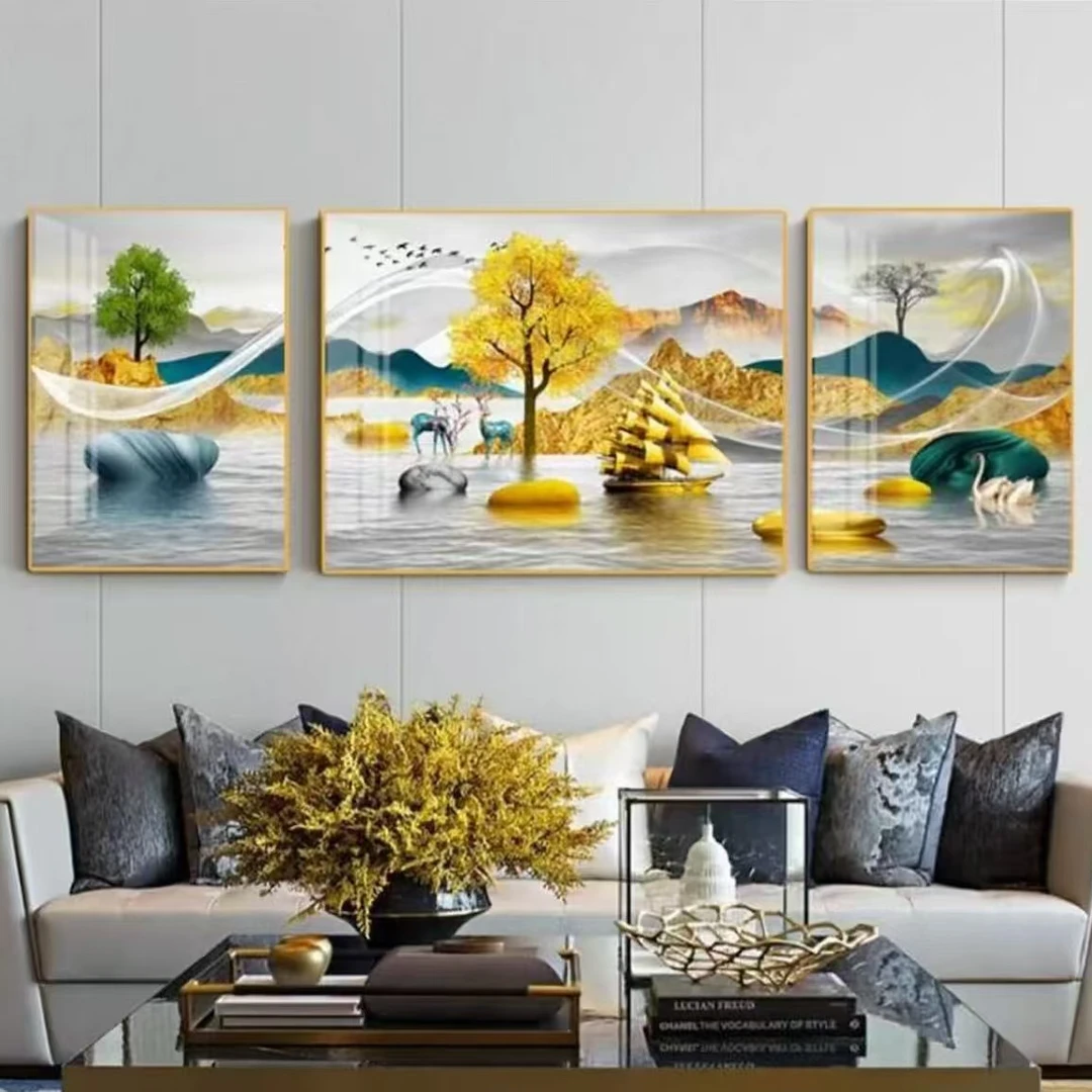 【锦绣山河】客厅三联挂画壁画沙发背景墙挂画晶瓷镶钻工艺