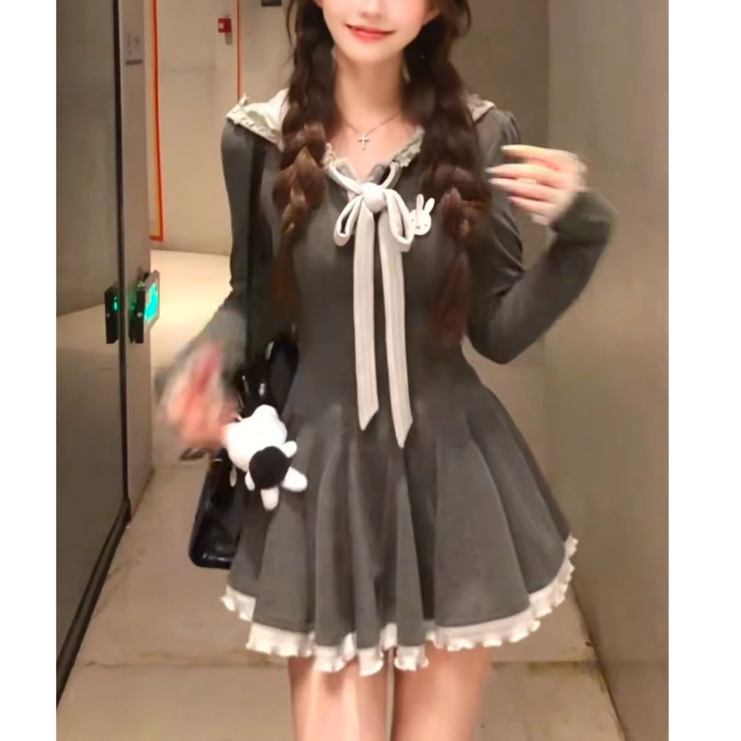 早秋甜美纯欲学院风收腰显瘦小众设计感百褶长袖连衣裙a字短裙女