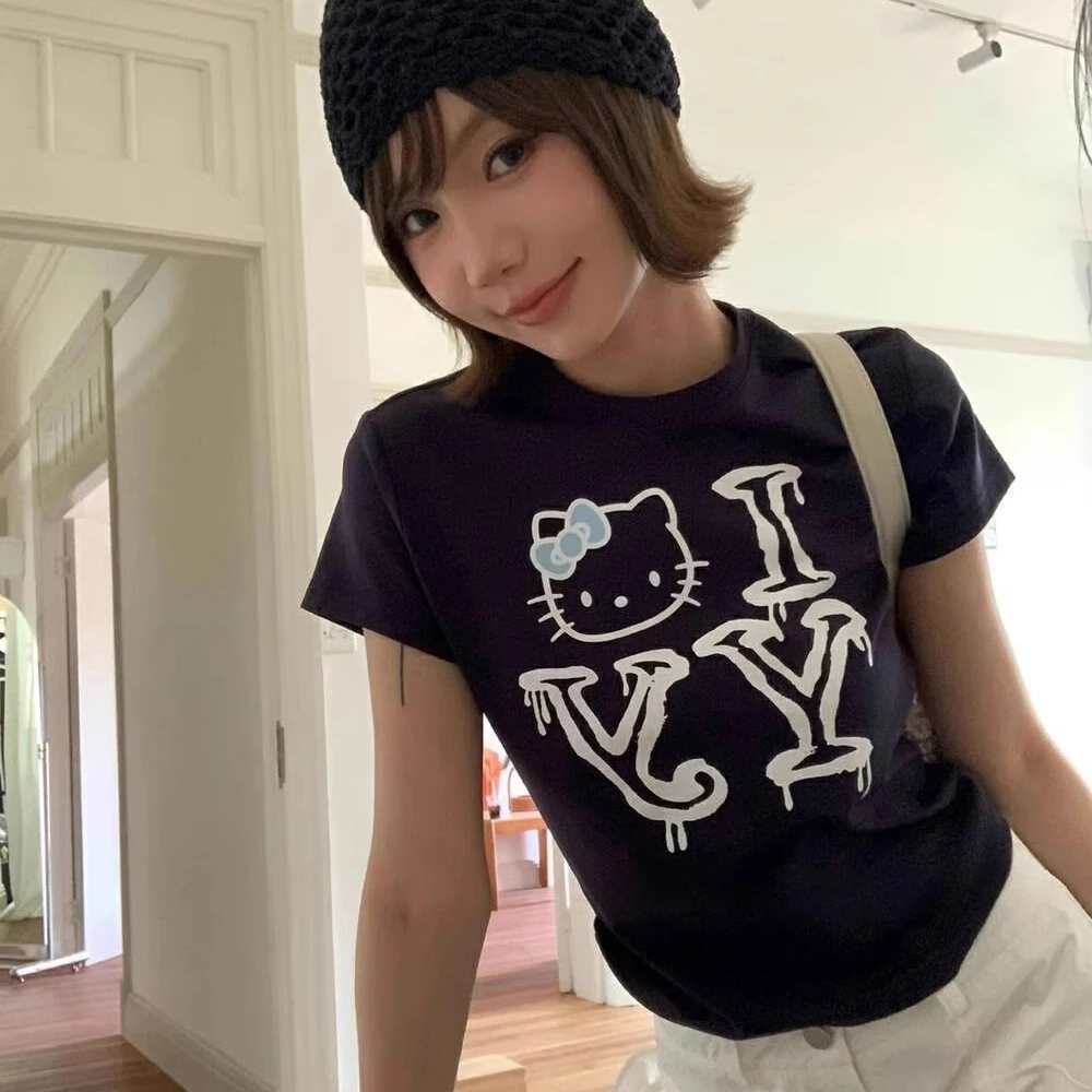 美式复古正肩字母kitty猫印花短袖t恤女2025新款夏季百搭短款上衣