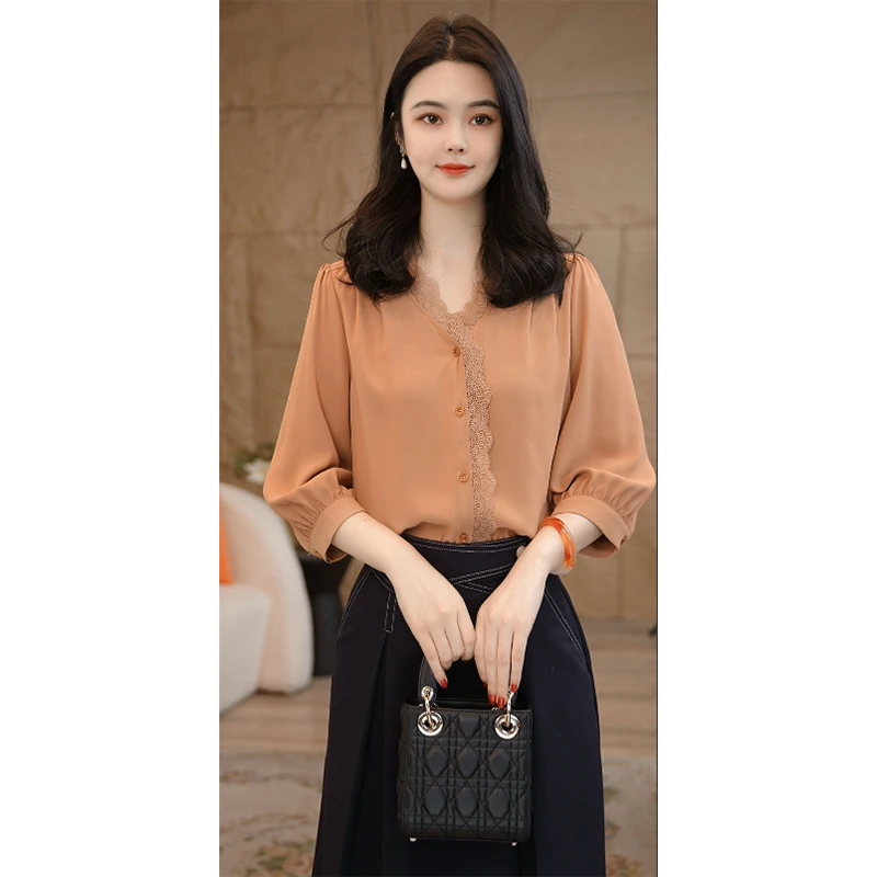 【小陈甄选】流光风上衣橘红色衬衫洋气女长袖气质时尚小众法式衬衣