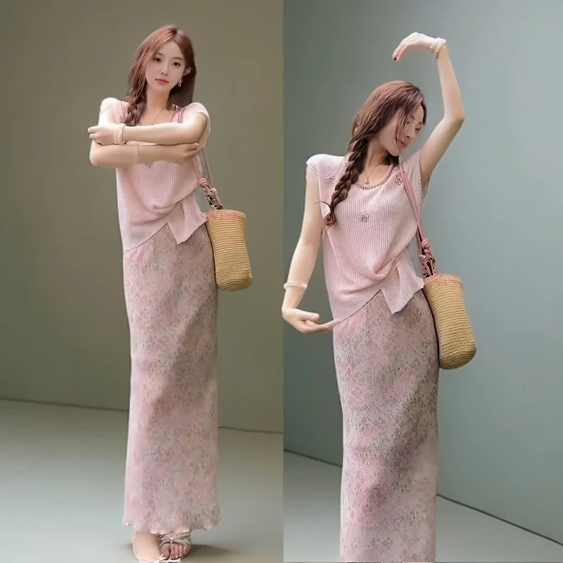 2025夏季新款圆领宽松上衣搭碎花半身裙印花裙知性纯欲风穿搭