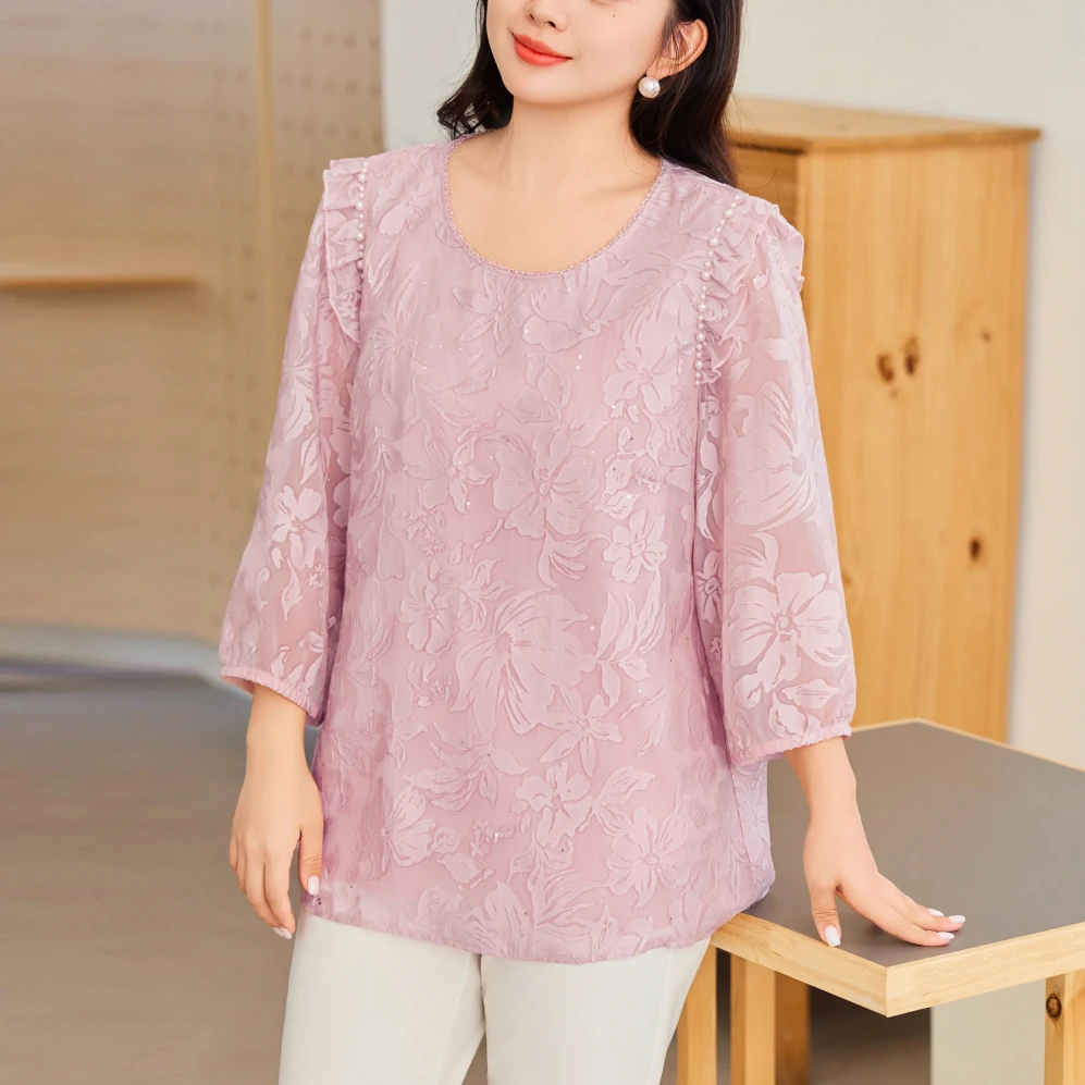 MsShe大码女装秋装闪粉手工钉珠宽松圆领七分袖小衫J~E2508040