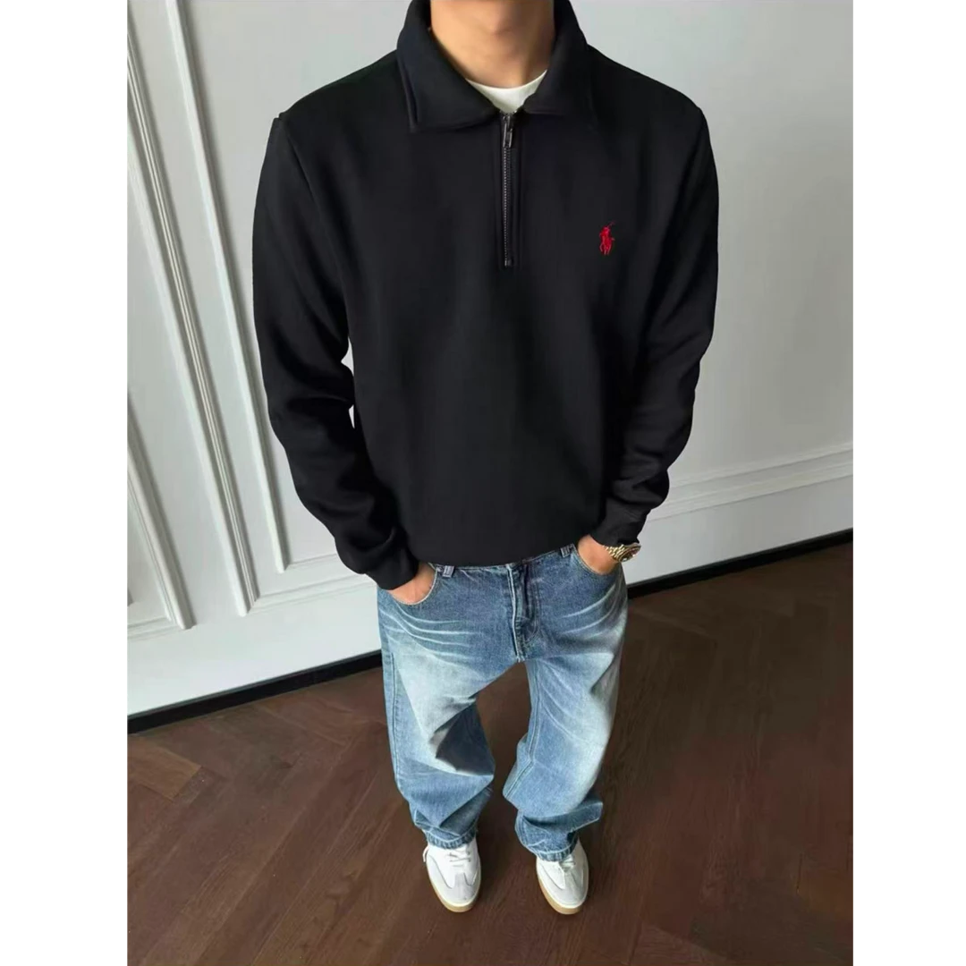 秋冬新款刺绣小马拉链polo立领卫衣长袖百搭翻领外套男