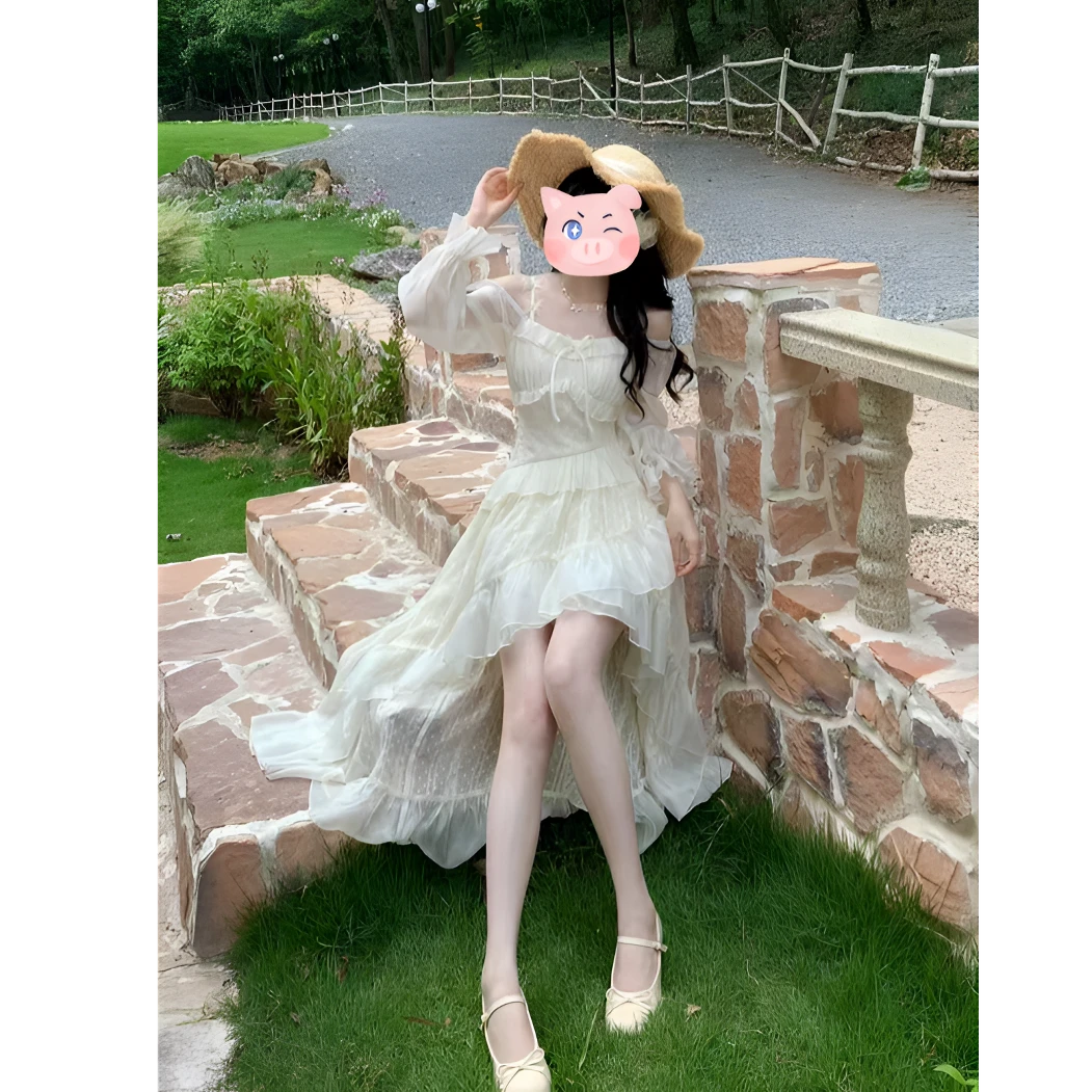 【现货】大码春季法式绣花设计感不规则裙摆吊带长袖连衣裙10786