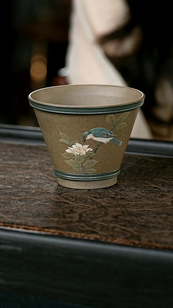 茶壶紫砂全手绘小鸟闻香杯 一物见春