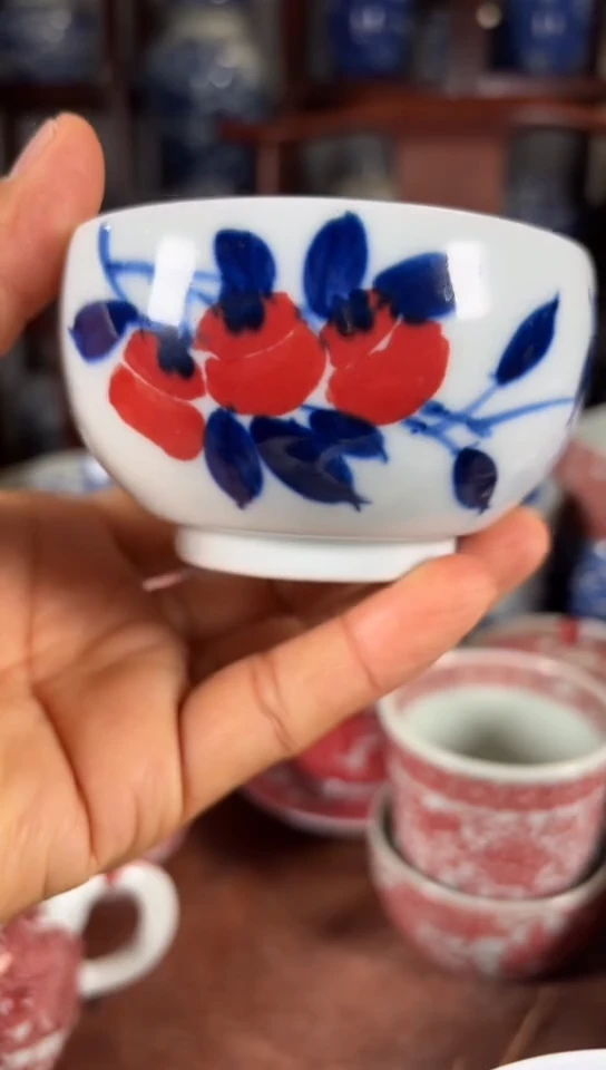 柴窑青花釉里红柿柿如意杯杯