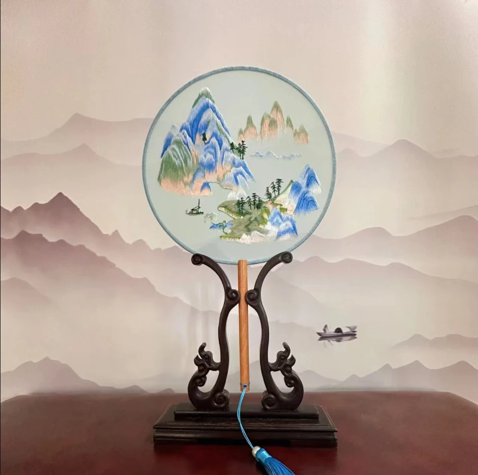 26 青底千里江山图 满边绣双面绣新款苏绣团扇非遗传承