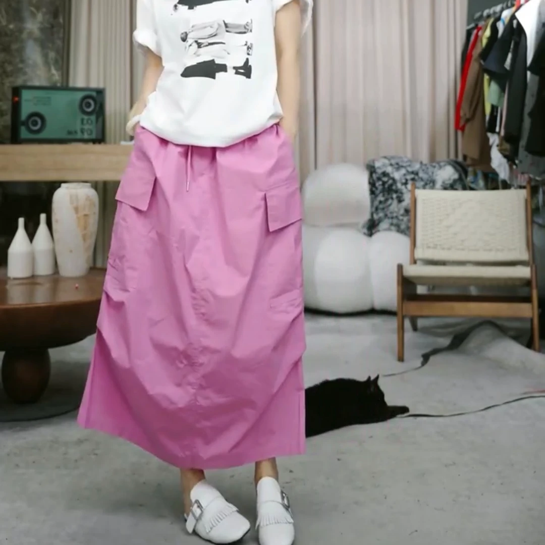 infobyfive2025夏季小粉松紧腰抽绳工装裙半身裙一店NF0506413