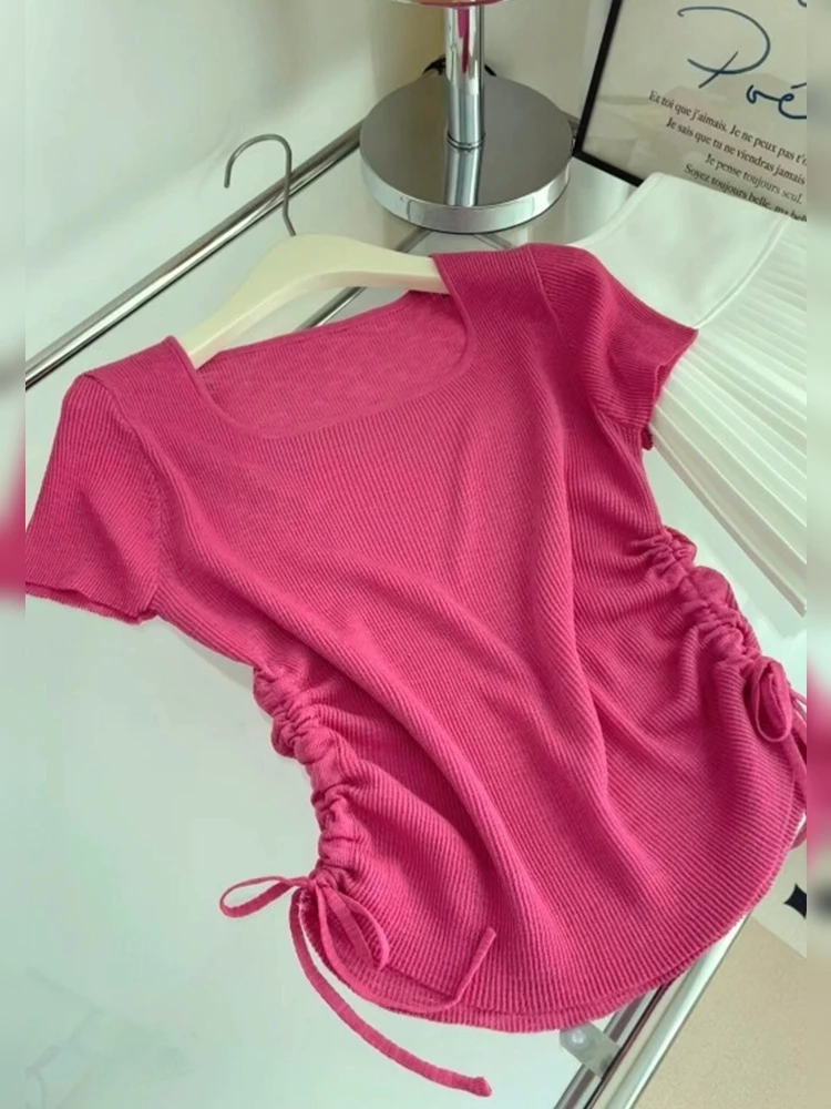 2025新款时尚洋气时髦减龄短袖独特超好看玫红色针织方领t恤女夏