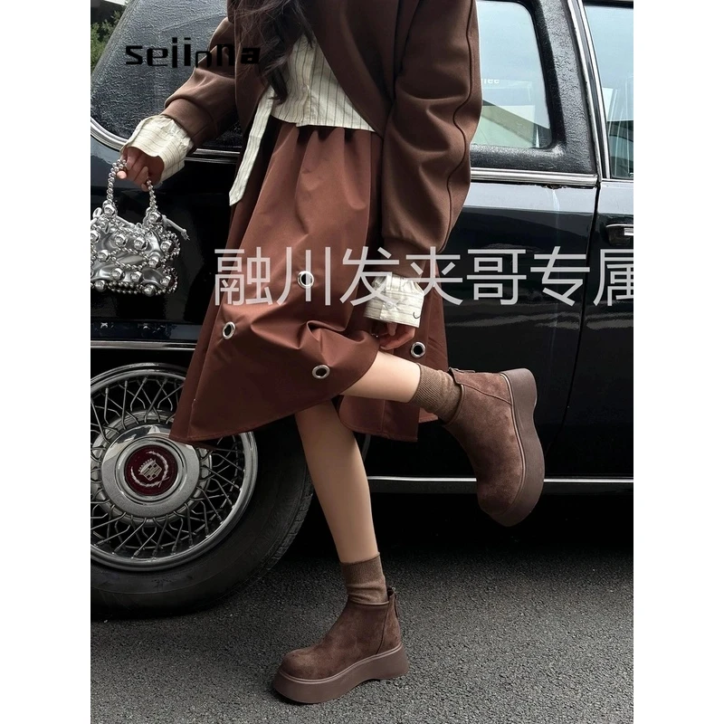 瑟琳娜（呼啦）2025新款大头磨砂切尔西靴增高小个子显腿长S-7077