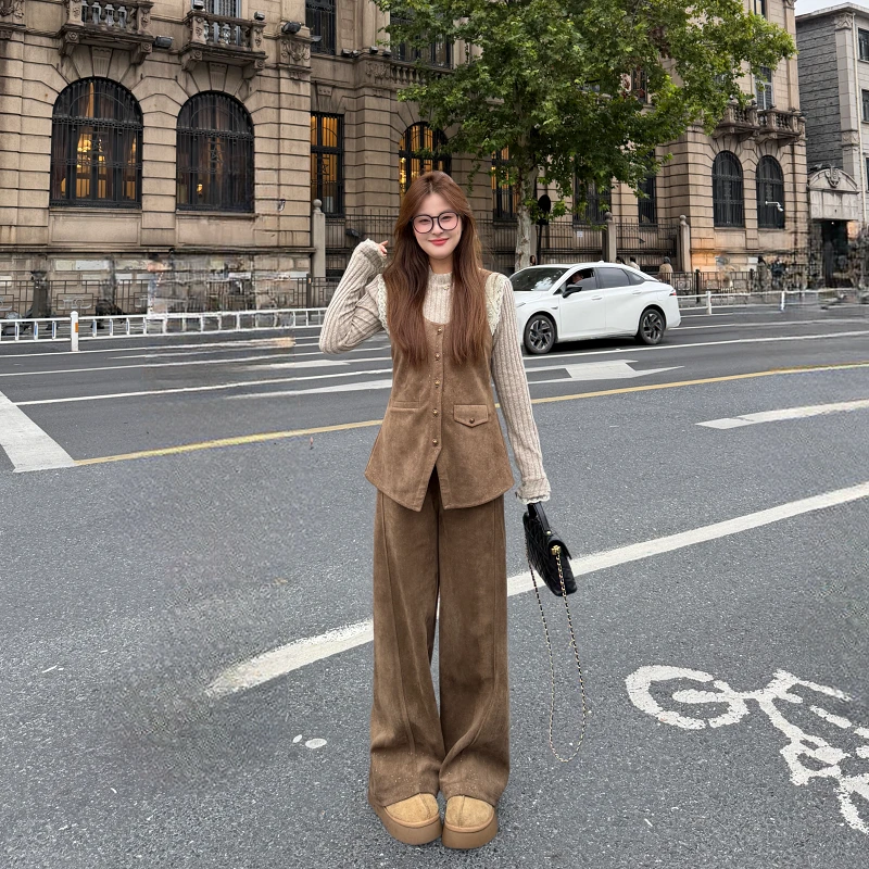 盈盈&南岛风大码女装休闲风阔腿裤女冬季时尚麂皮背带裤ZYY2643