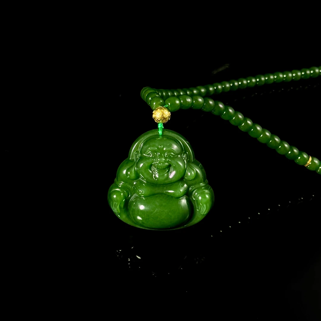 【一笙珠宝】收藏级和田玉高色辣阳绿50佛公套链18k金镶嵌   DY7949