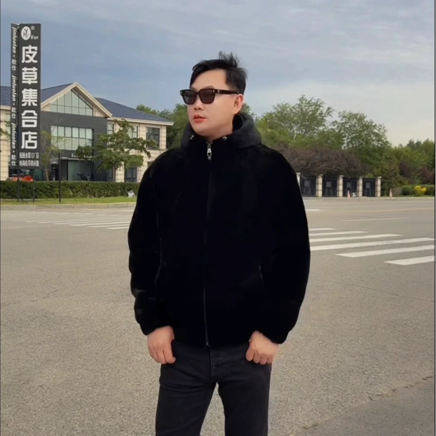 40车宝嘉美黑色（防风男款）松紧夹克拉链加厚貂皮大衣