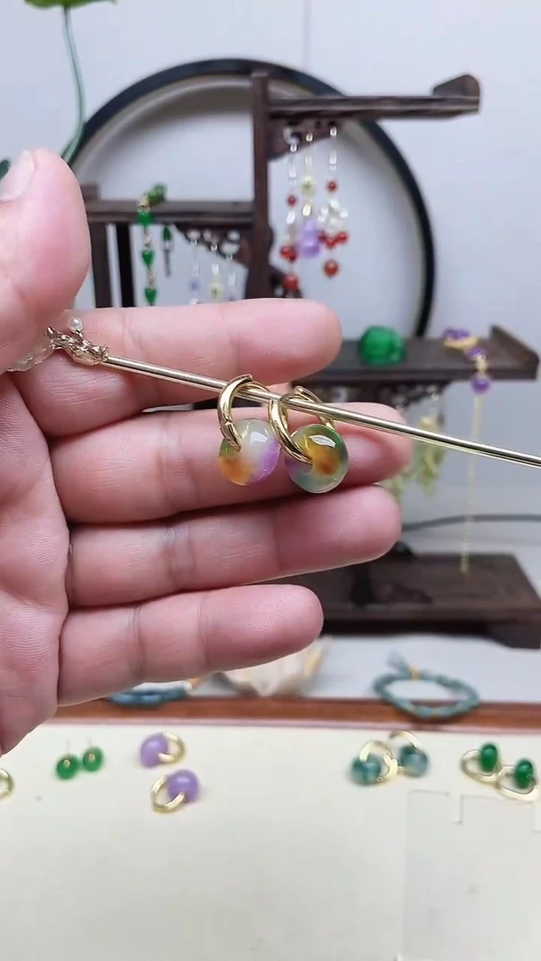 翡翠14K金镶嵌耳饰122号春彩