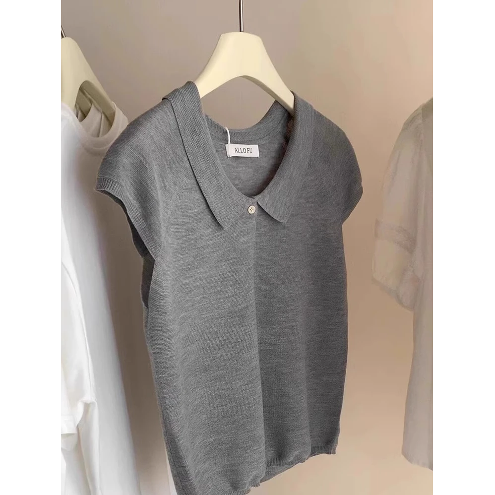 灰色冰丝翻领针织短袖t恤女夏季韩系正肩短款polo衫小飞袖上衣薄