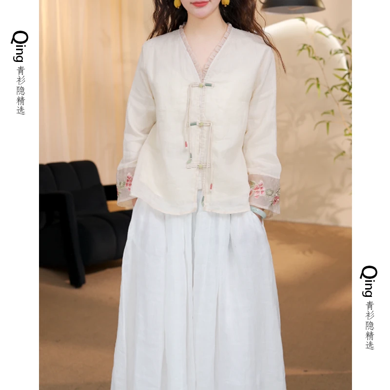 6211新中式盘扣国风刺绣衬衫女春夏宽松复古禅意茶服蕾丝长袖开衫