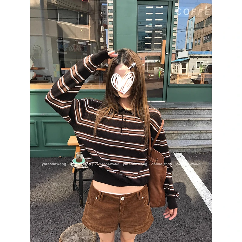 韩系撞色条纹polo领针织衫女早秋季短款内搭翻领正肩长袖上衣t恤