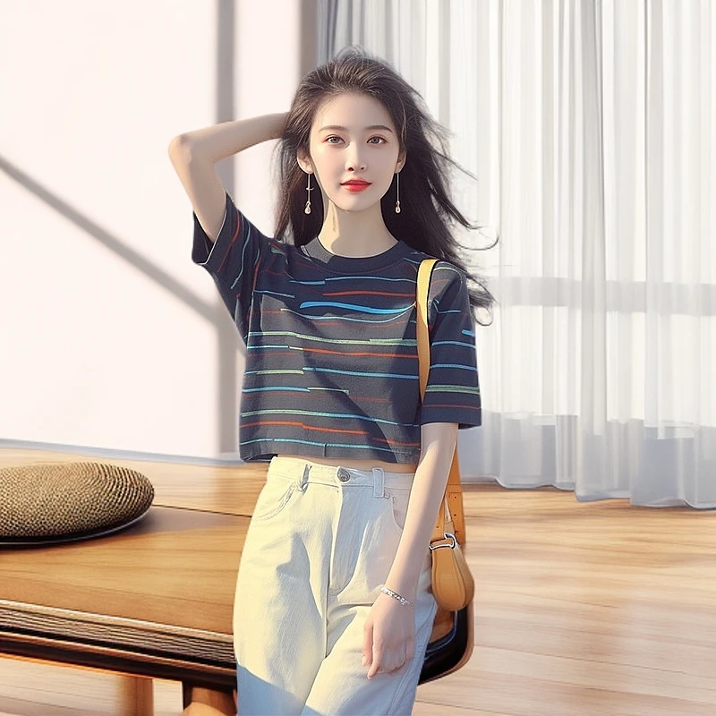 纯棉夏季韩系chic洋气独特小个子宽松百搭显瘦短款条纹T恤上衣