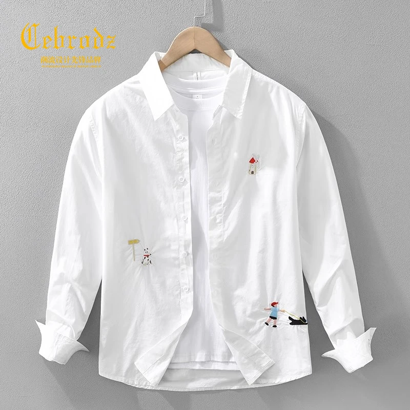法国Cebrodz男士日系清新长袖衬衫新款时尚刺绣文艺休闲宽松上衣