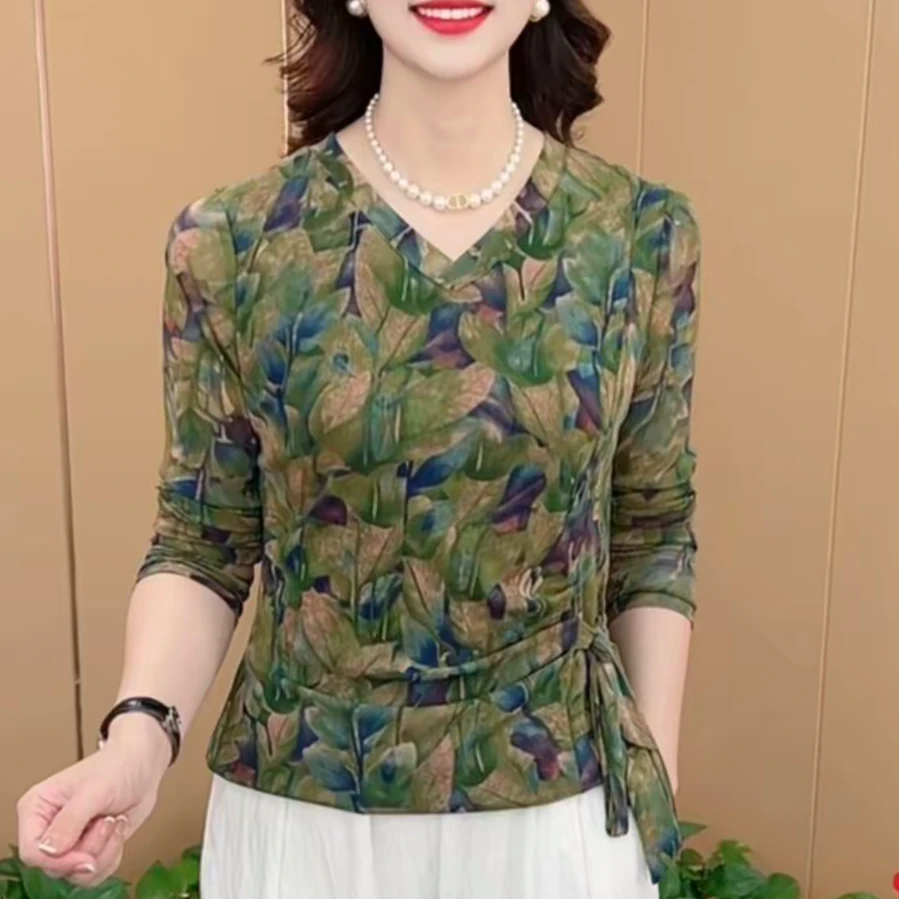 秋季新款时尚洋气百搭显瘦减龄气质系绳长袖网纱印花打底衫女上衣