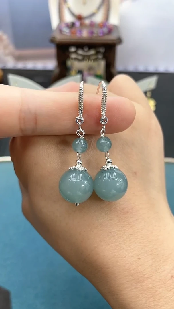 翡翠银S925镶嵌耳饰14mm蓝水双珠