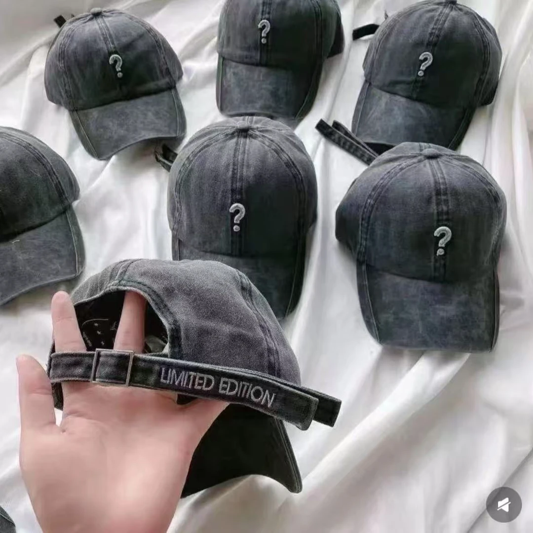 潮牌刺绣水洗做旧问号灰色显脸小棒球帽鸭舌帽百搭