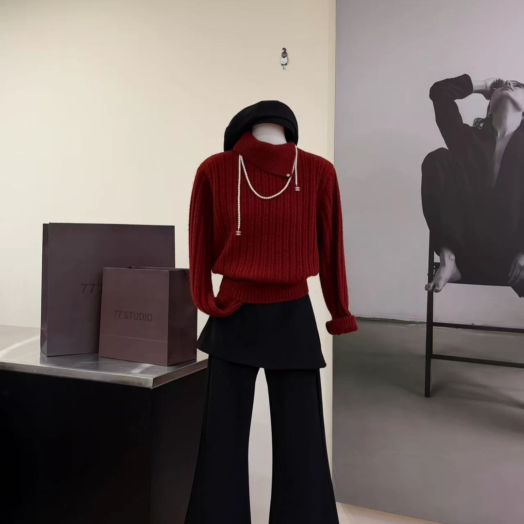 【复古暖调】韩系设计感不规则翻领简约显瘦百搭坑条毛衣-8979-9971