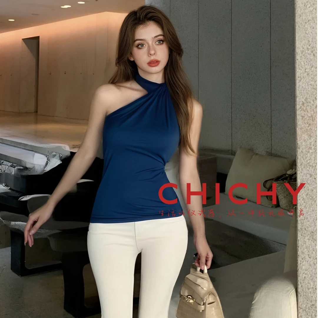 【媛媛女王专享】CHICHY设计感蓝色斜肩气质无袖上衣CB1D001252