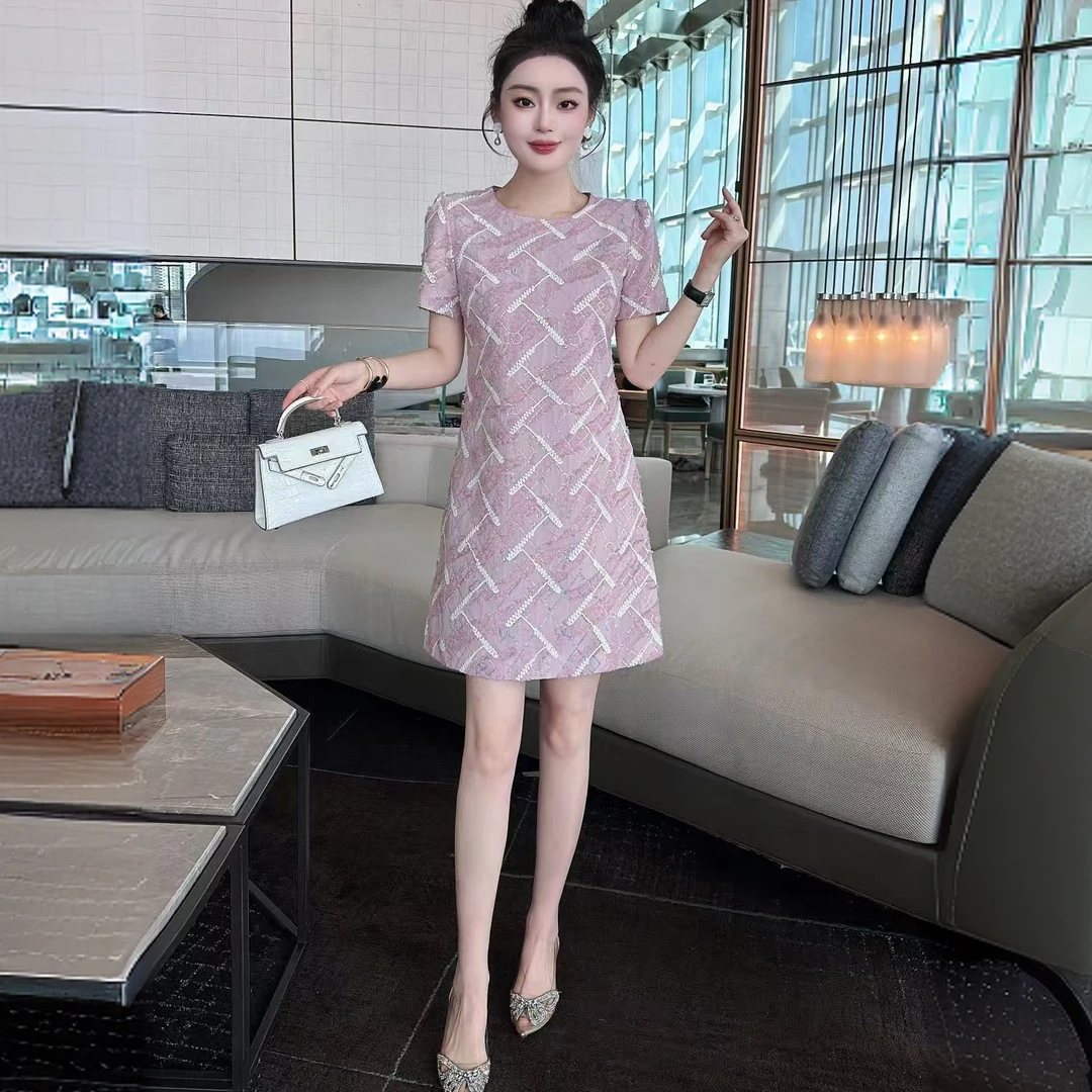 设计师亮片圆领气质名媛A字连衣裙显瘦夏季修身裙子复古中长款