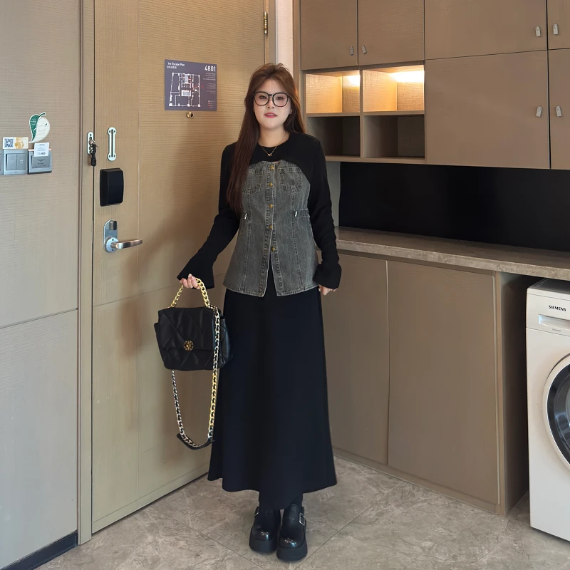 敏敏&南岛风大码女装2025新款春季胖mm牛仔上衣半身裙套装ZYY1424