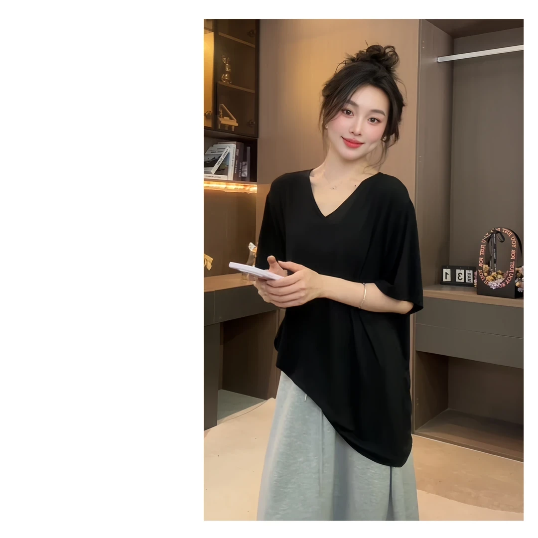 【面膜V领】极简垂感大领口宽松oversize高级春夏季五分袖短袖T恤女