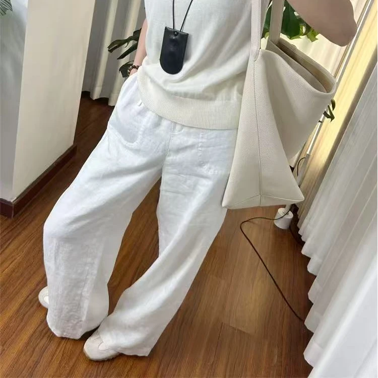 100%亚麻裤2025夏季新款老钱风休闲大牌高腰松紧抽绳麻料阔腿裤子