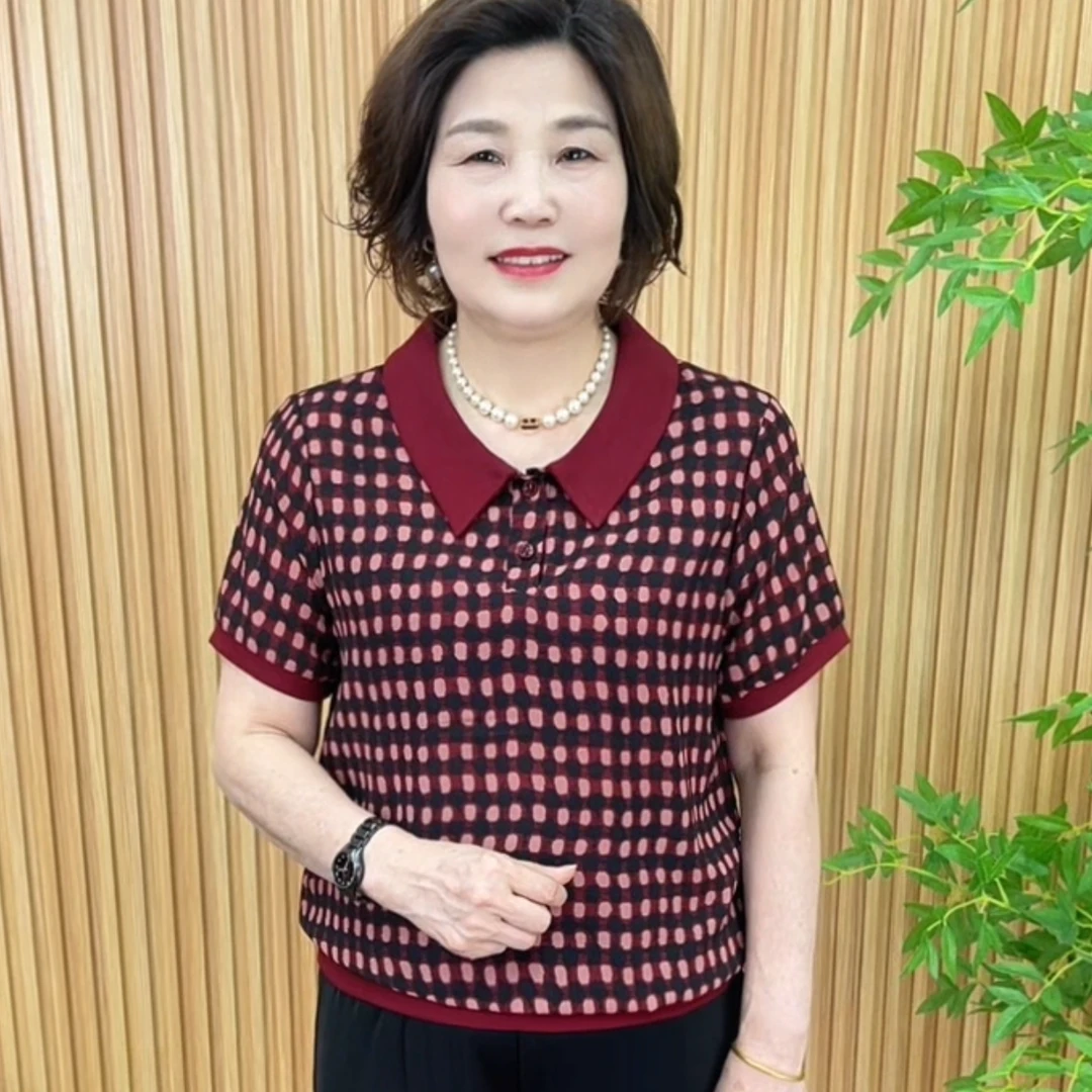 短款法式短袖娃娃领常规格子T恤夏季休闲宽松遮肚中年V6360-8