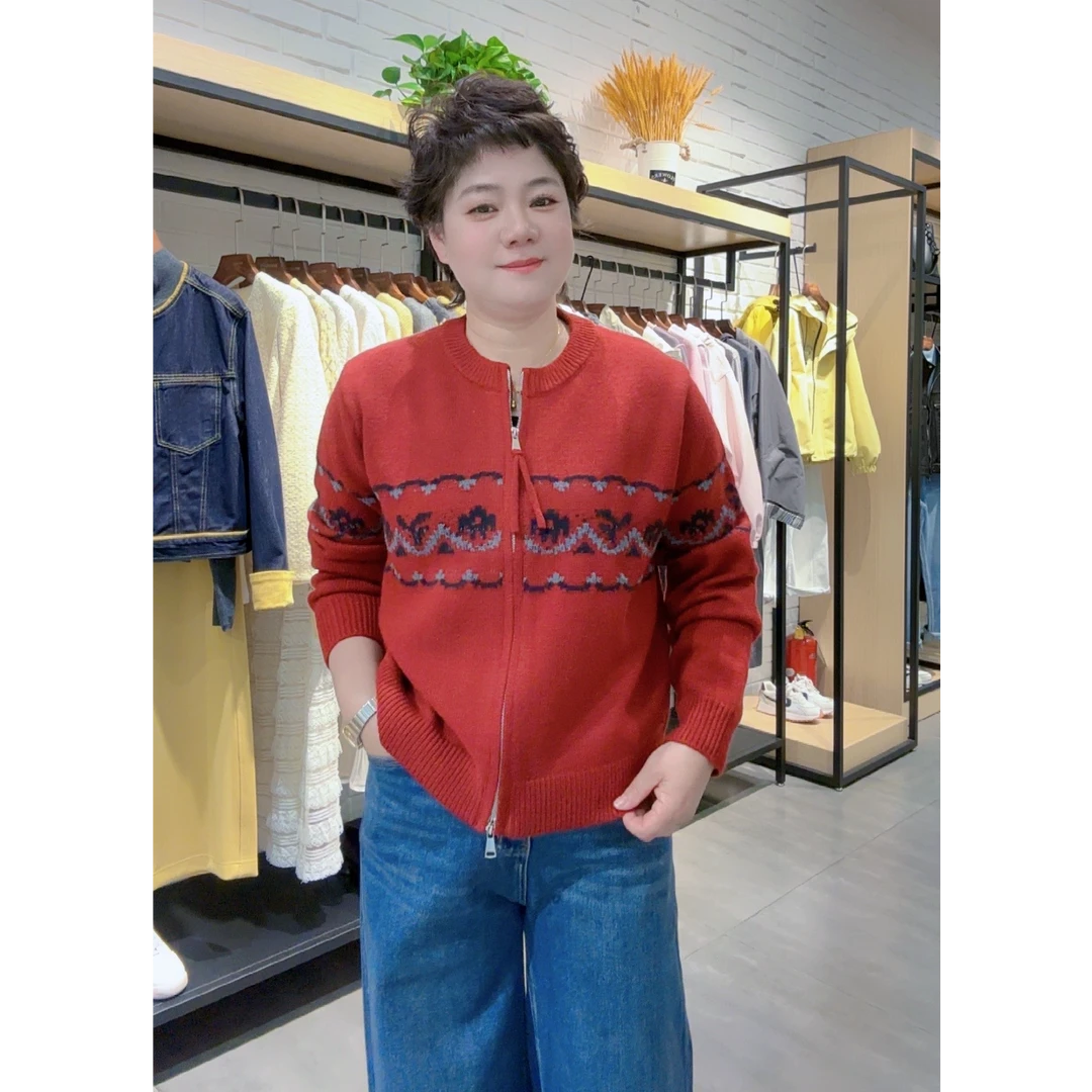 复古提花圆领拉链针织开衫女宽松百搭短款毛衣外套2025春季