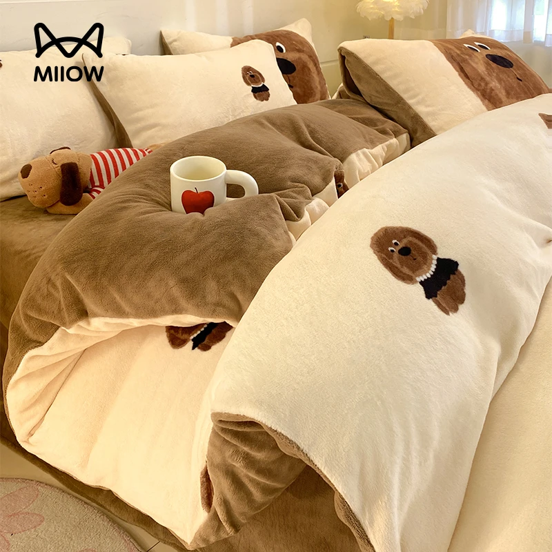 猫人牛奶绒床上四件套双面绒珊瑚绒加绒加厚被套床单三件套床笠款