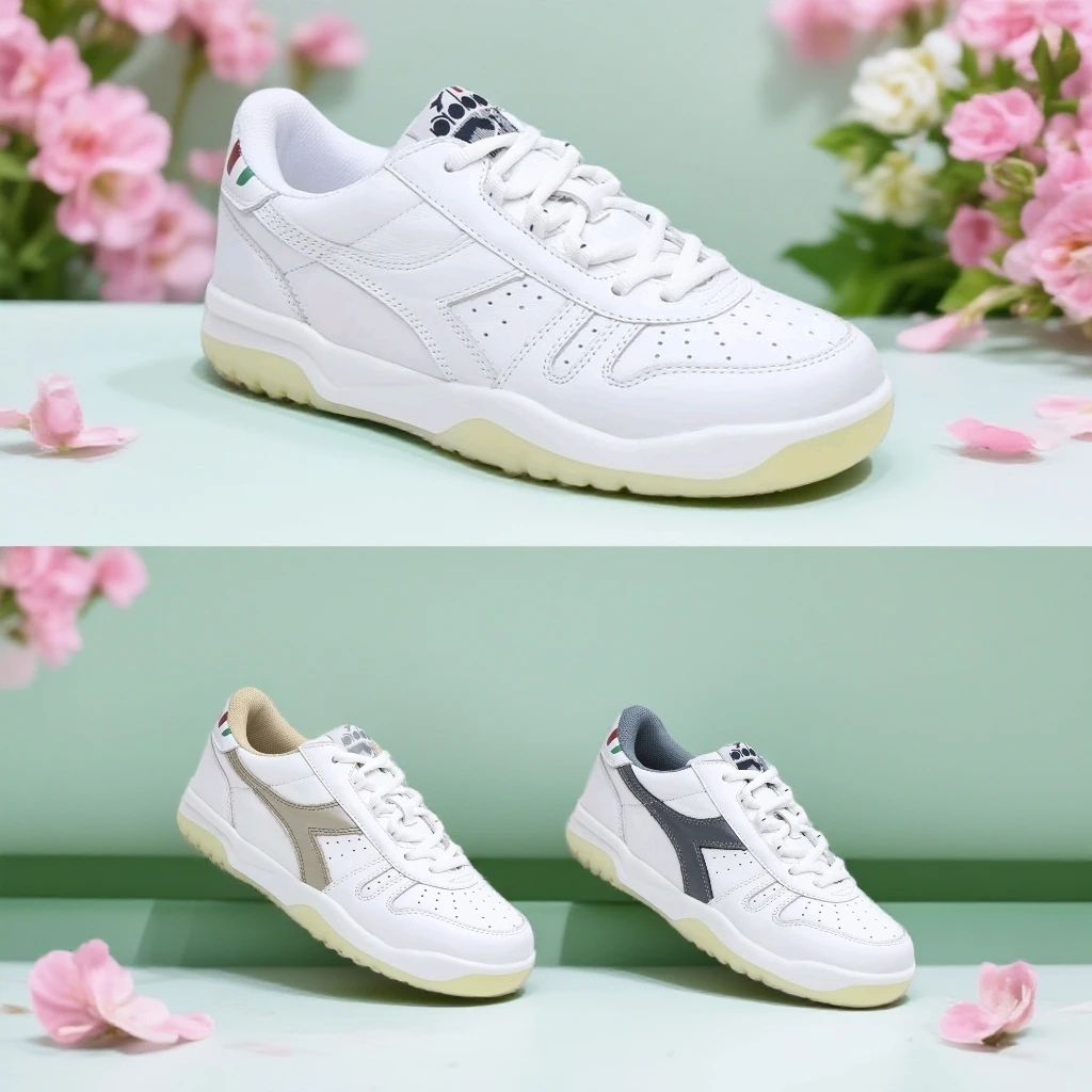迪亚多纳男鞋轻便休闲风牛皮运动风低帮跑步中等系带时尚小白鞋