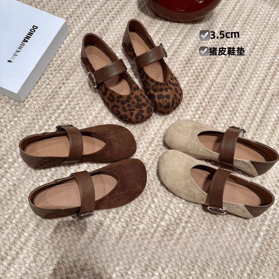 卓诗尼芙妮豹纹玛丽珍2025秋季复古韩版内增高软底浅口单鞋