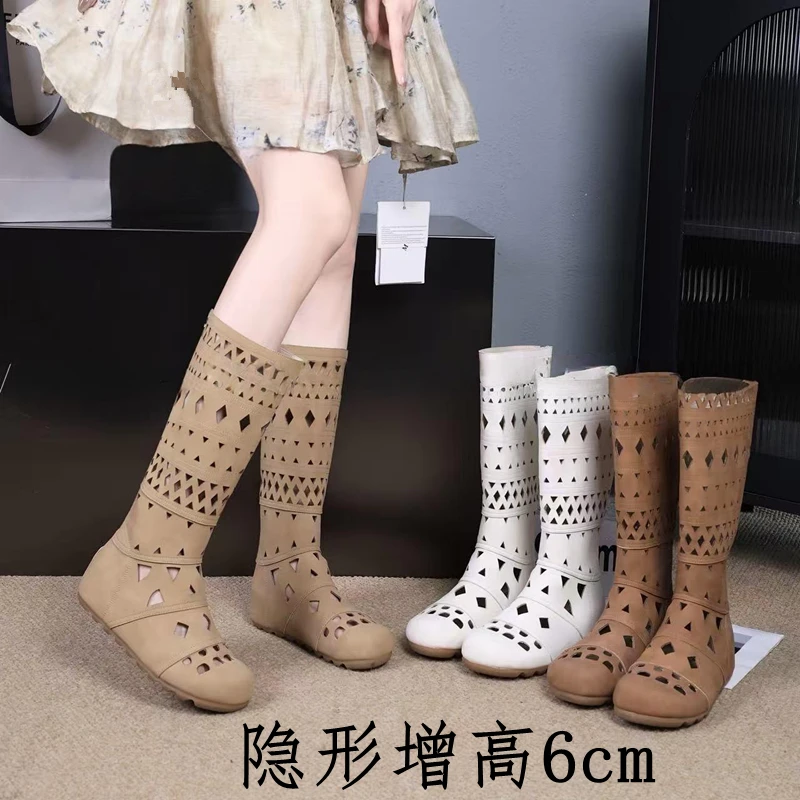 内增高6cm波西米亚设计感雕花镂空长筒靴女舒适夏季新款显瘦凉靴