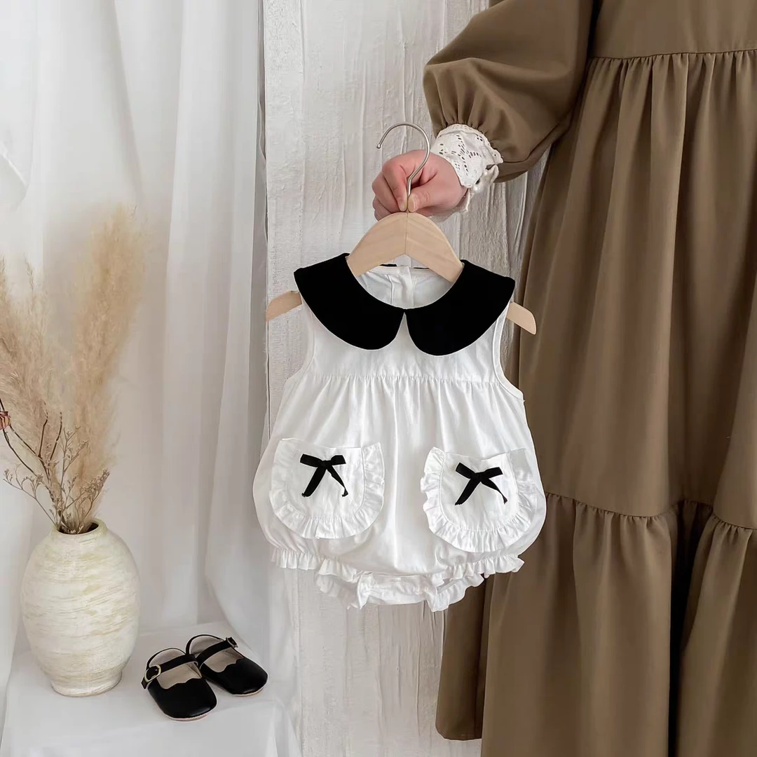 0150婴儿甜酷洛丽塔女娃娃领夏装无袖纯棉蝴蝶结背心花苞包屁衣