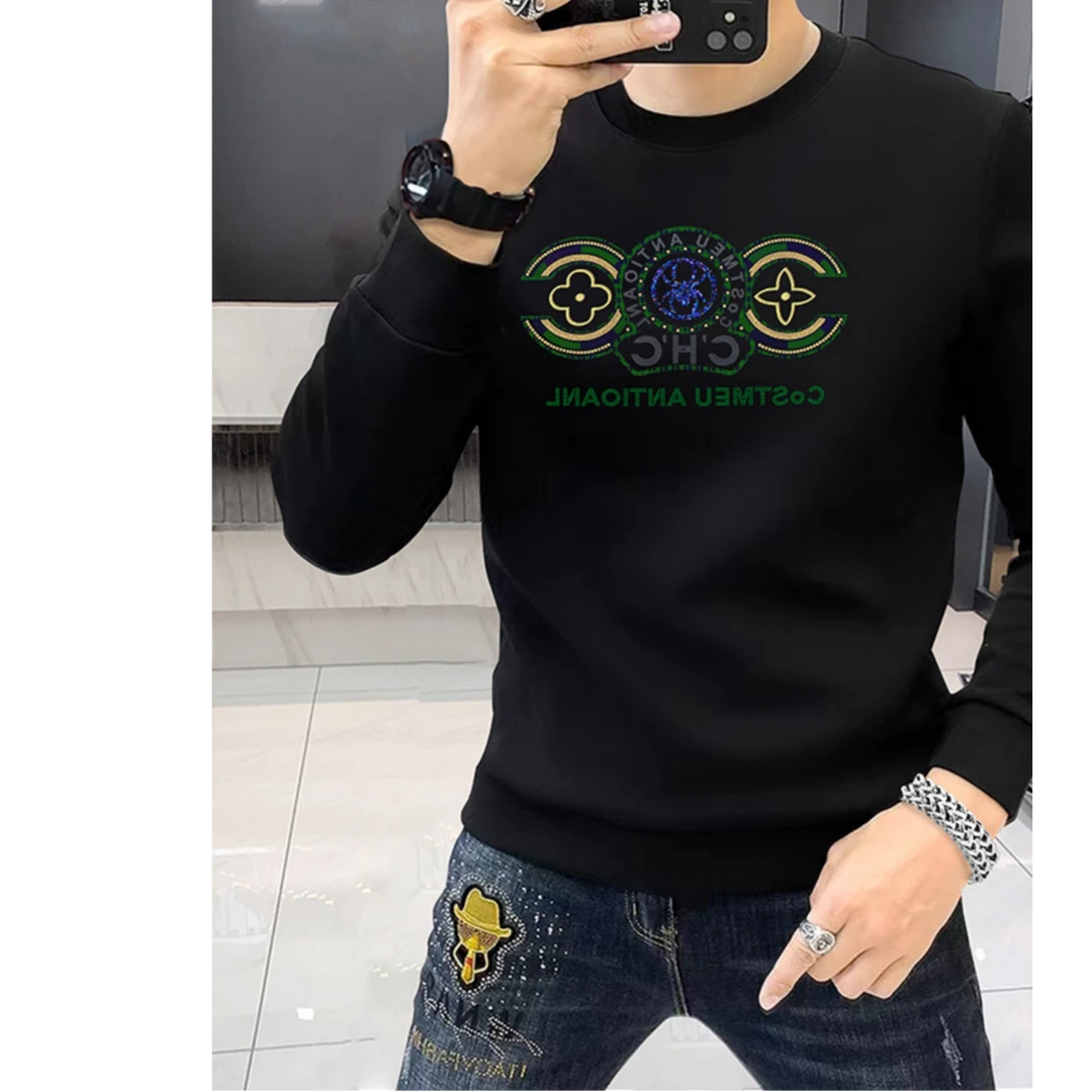 富比莫维字母烫钻潮男卫衣 长袖圆领T恤上衣加绒加厚打底衫秋冬款