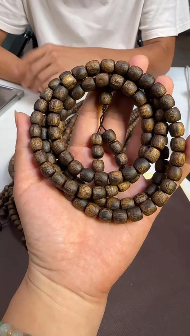 手串沉香沉水浮海南尖峰岭老白棋直纹鼓珠8mm108颗41g+
