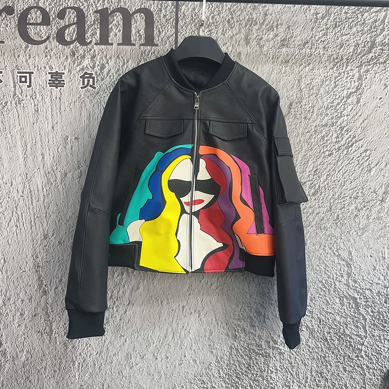 2025春季新款欧货短款皮衣外套真皮棒球服宽松休闲立领绵羊皮夹克