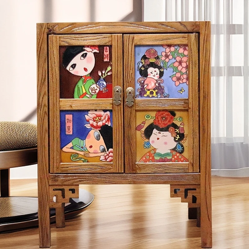 柜子60.46.38老榆木多功能储物柜镶嵌瓷板画落地柜边角柜摆件