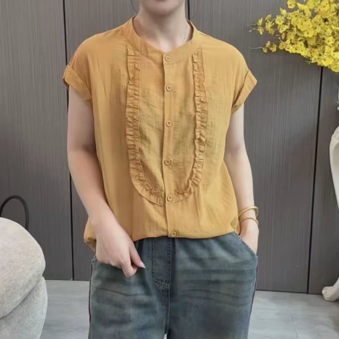夏季新款时尚洋气木耳边短袖衬衫设计感减龄休闲百搭气质上衣女