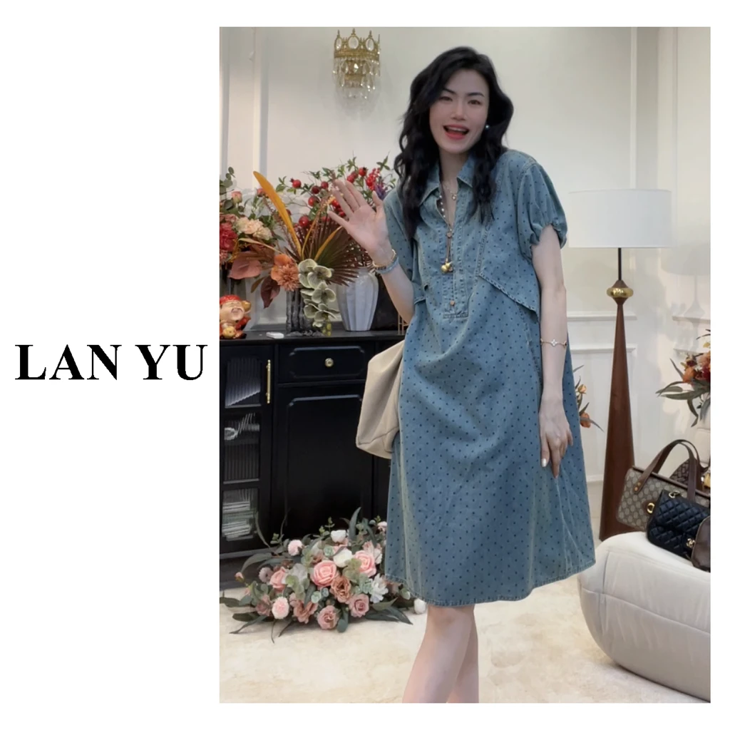 【波点牛仔】薄款软牛仔~小众定制面料高级感牛仔裙花苞袖连衣裙zb