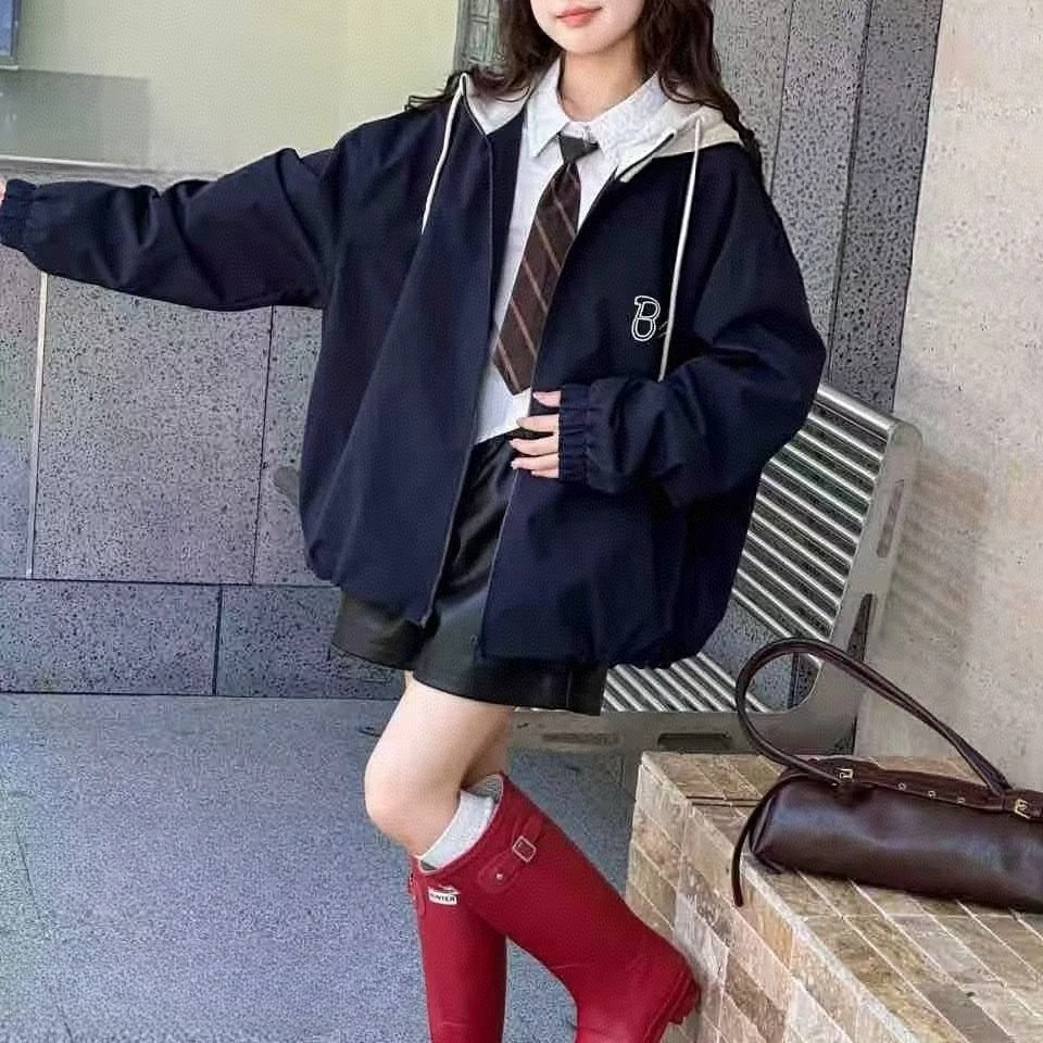 休闲宽松型女童卫衣连帽女短加绒薄棉上衣拼接开衫百搭儿童