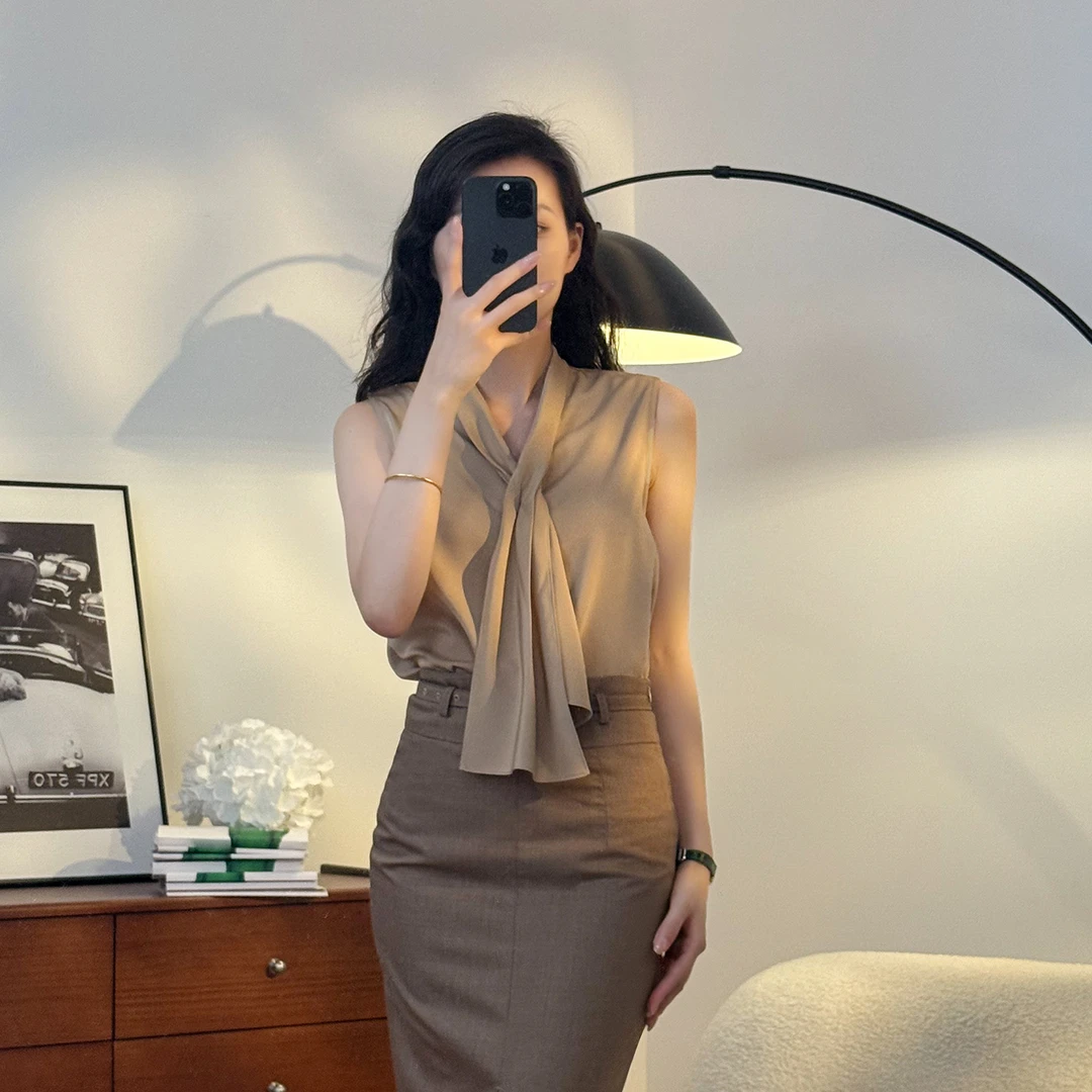 轻奢高级感飘带西装内搭吊带无袖打底衫上衣-3467